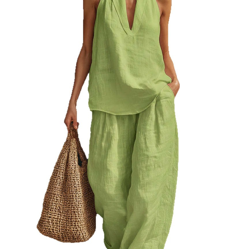 Women's Halter V-Neck Two-Piece Pant Set Casual Loose Fit
