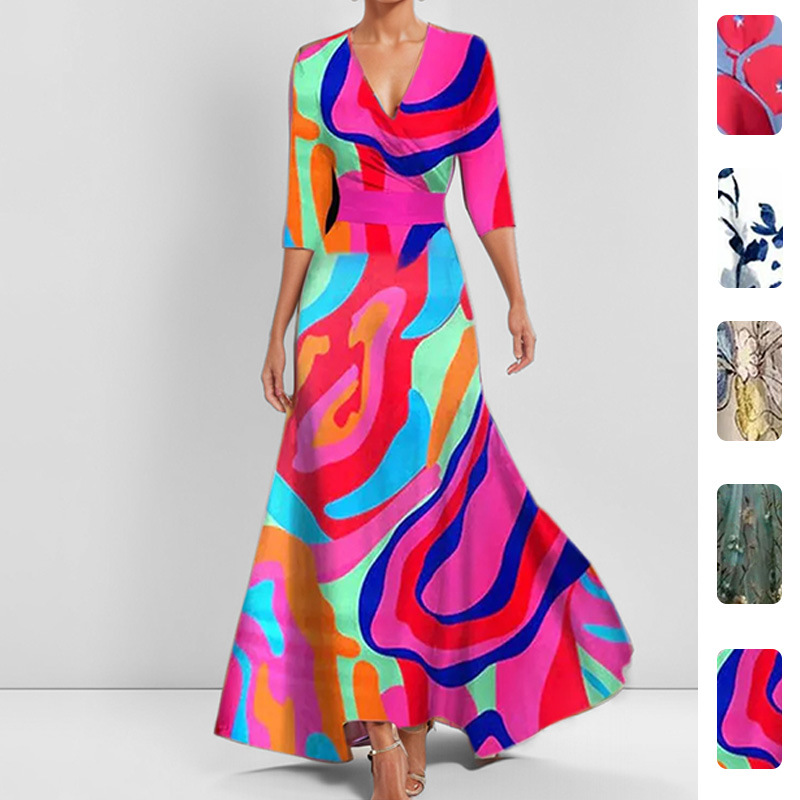 Women's Floral Print V-Neck High-Waist Midi Dress