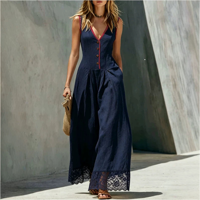 Color-Block Cotton-Linen Patchwork V-Neck Sleeveless Jumpsuit