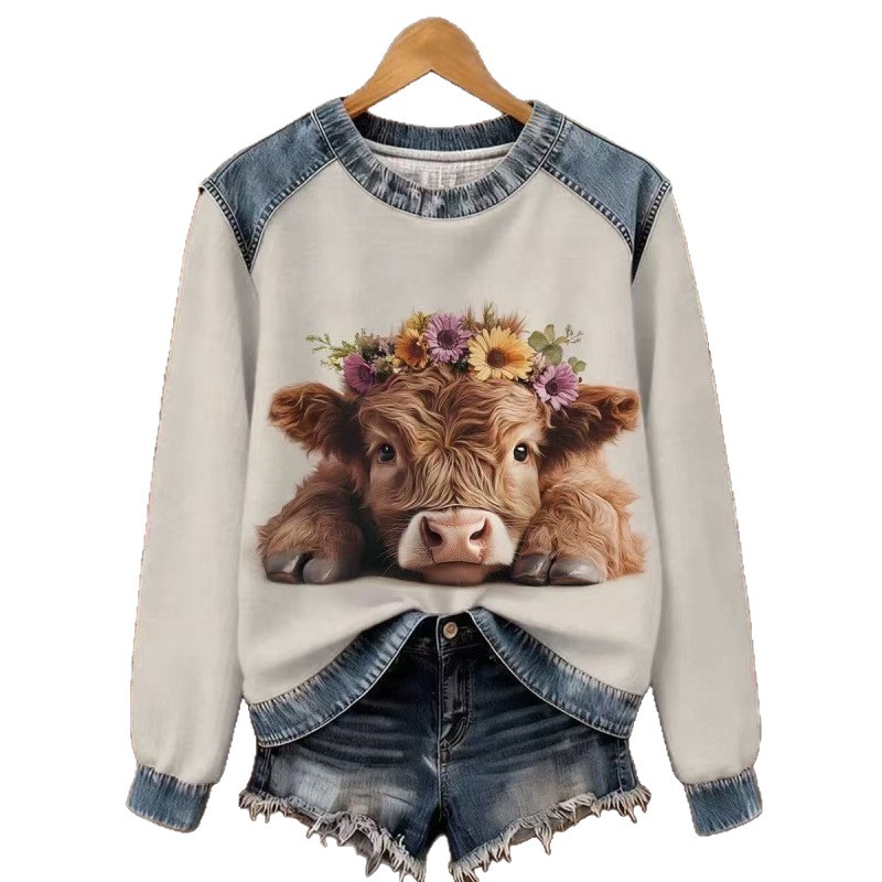 3D Print Colorblock Denim Collar Pullover Sweatshirt Women's Long Sleeve Loose Fit
