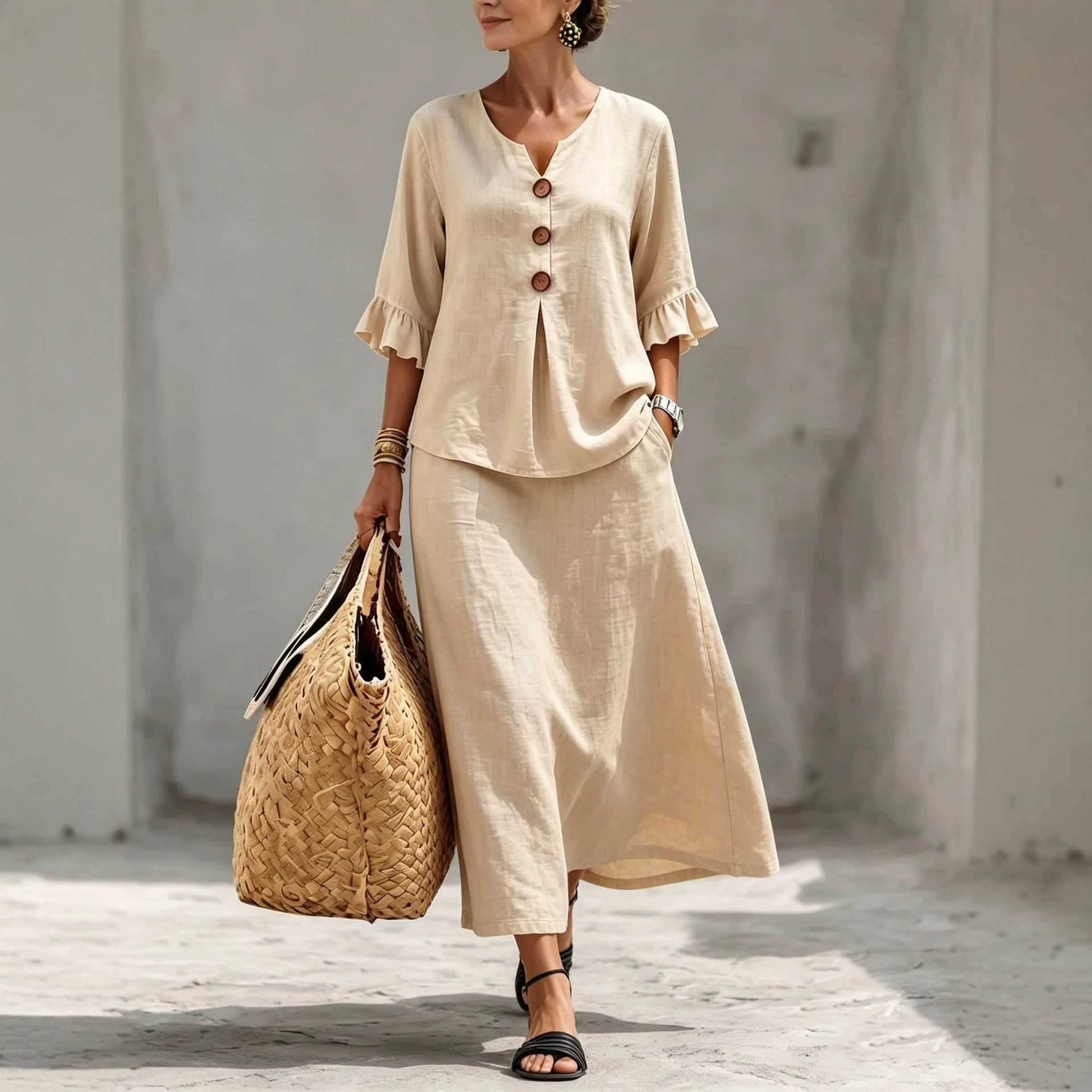 Women's Solid Button V-Neck Ruffle Three-Quarter Sleeve Top and Skirt Set