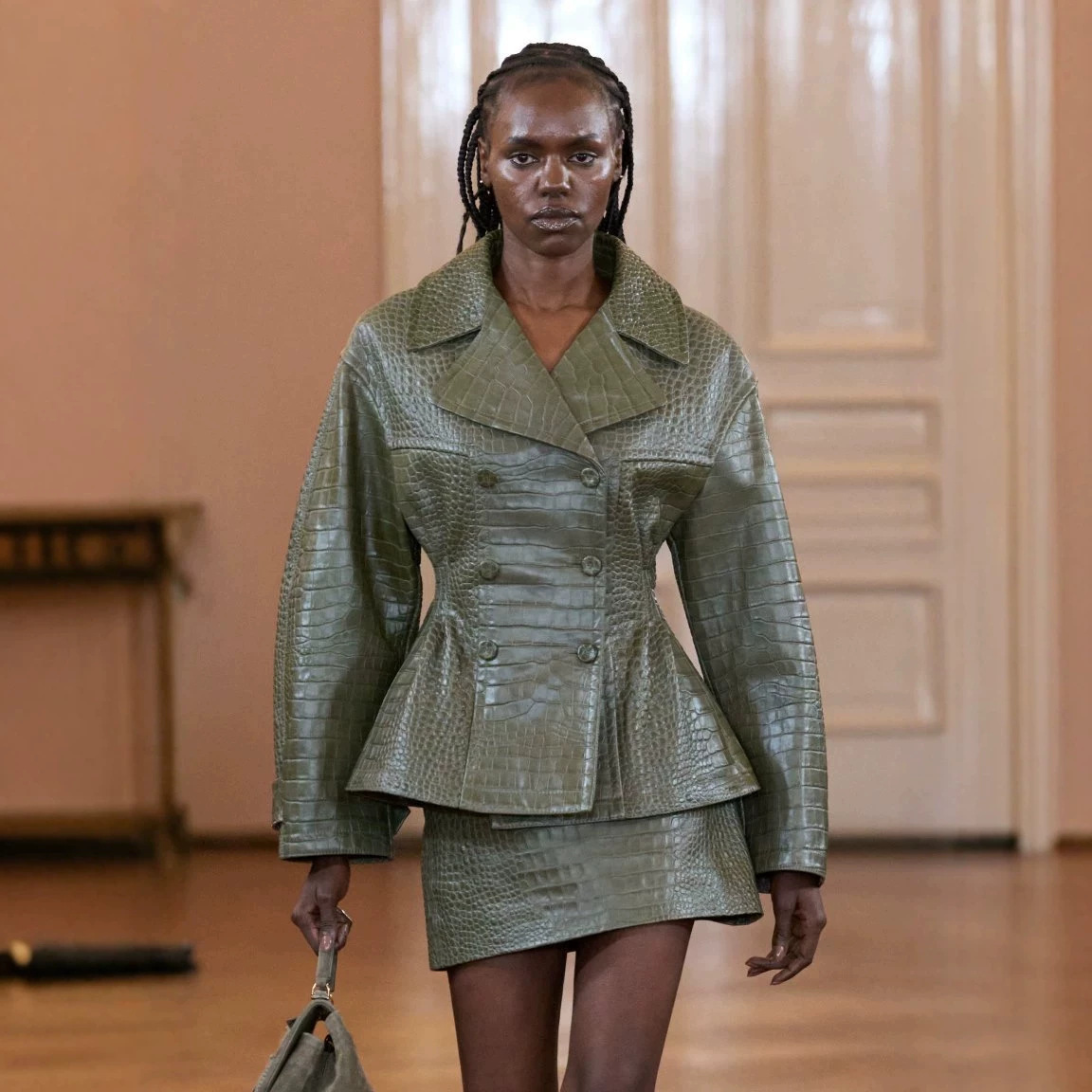 Crocodile-Embossed Faux Leather Cinched Single-Breasted Lapel Jacket and Mini Skirt Set