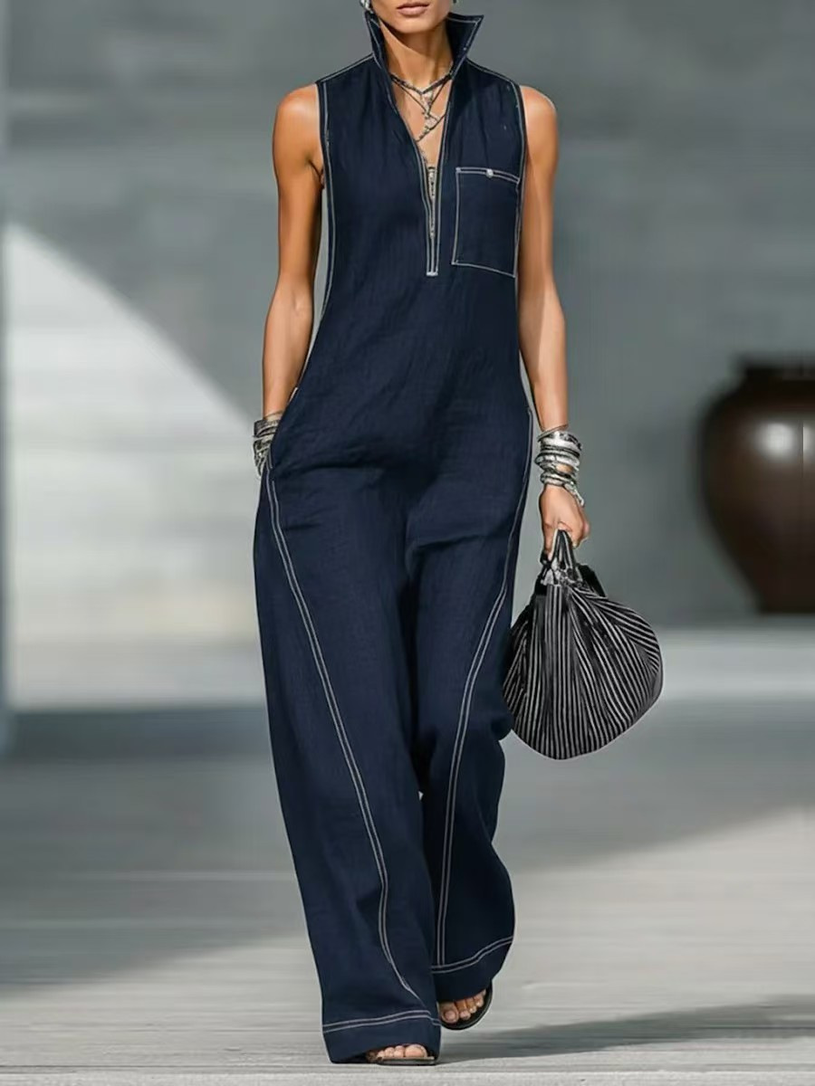 Women's Sleeveless Stand Collar Loose Cotton-Linen Jumpsuit