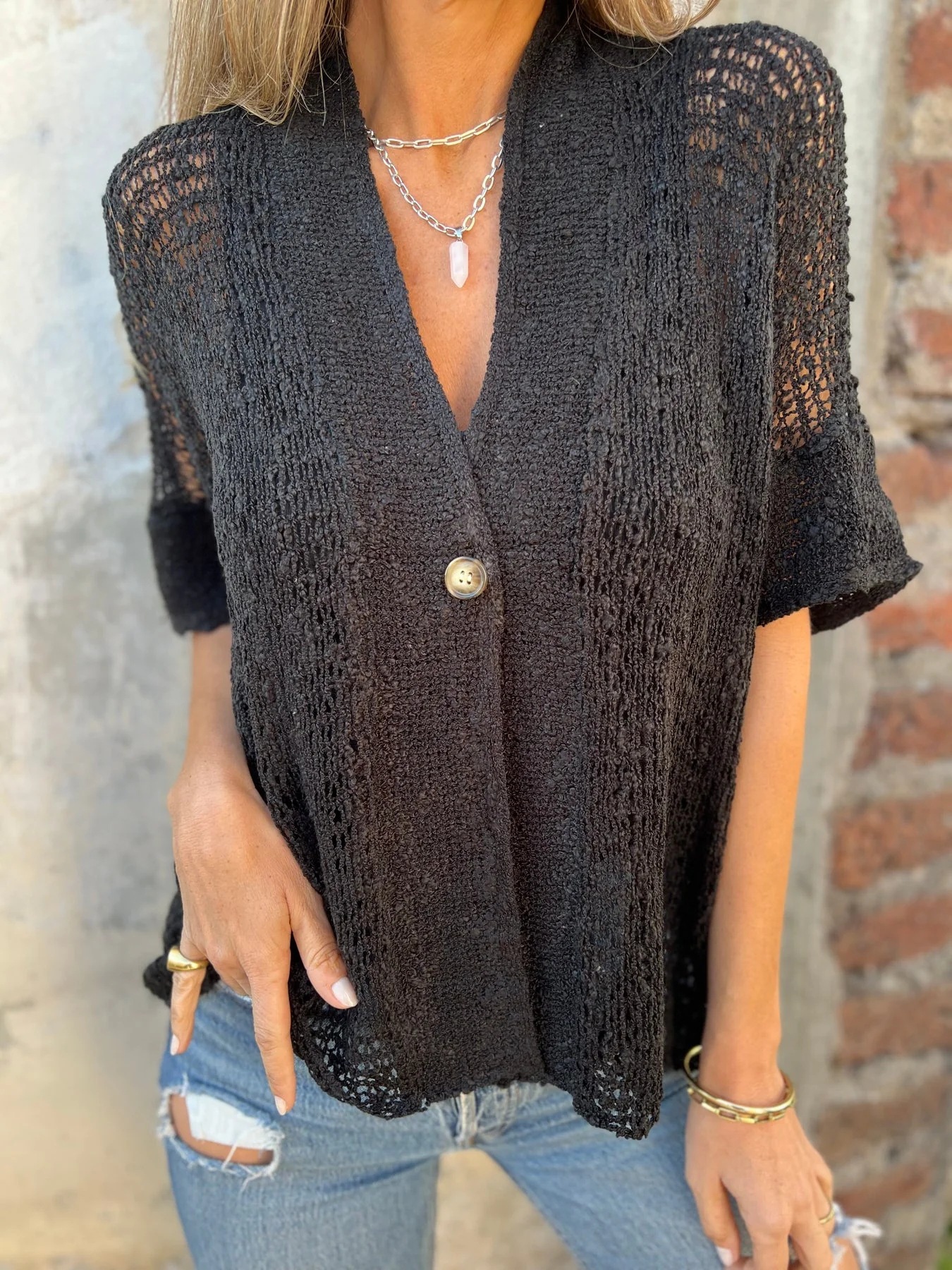 Women's One-Button Hollow-Out Knit Cardigan Top