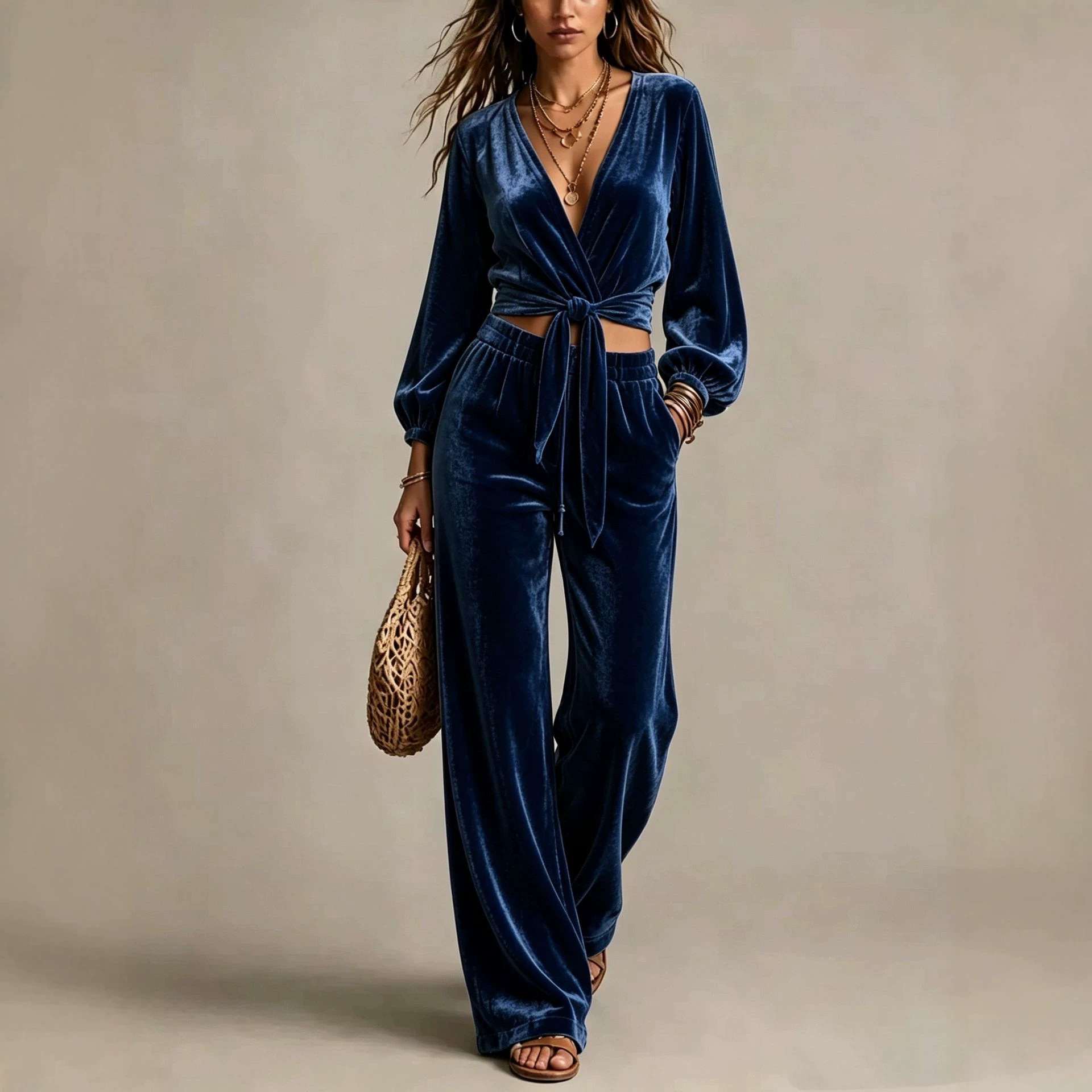 Corduroy V-Neck Cinched Waist Two-Piece Pants Set