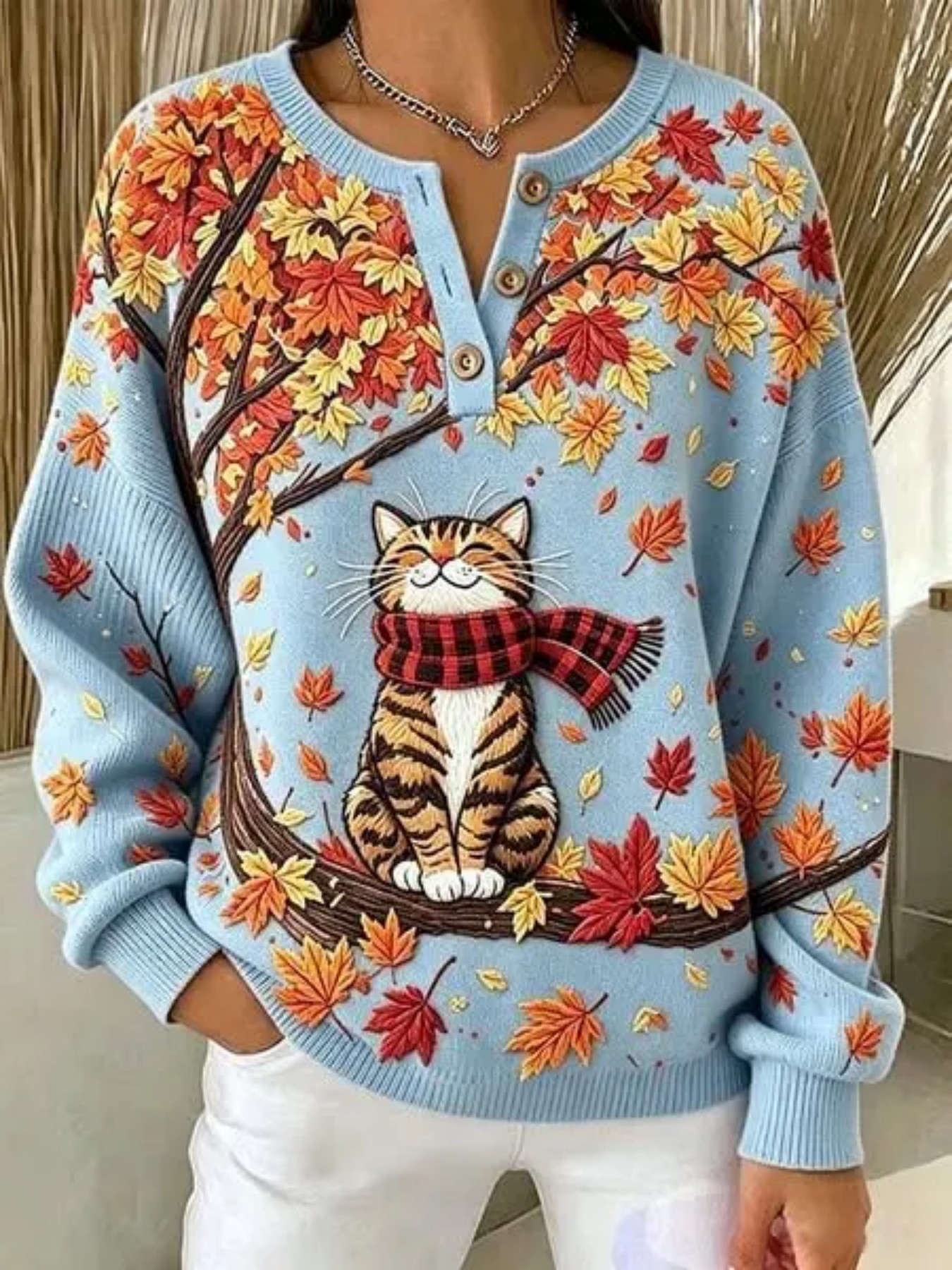 Women's Cute Cat & Maple Leaf Print Button Sweatshirt