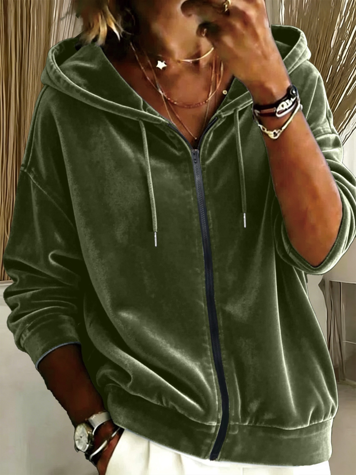 Hooded Solid Velvet Zip-Up Loose Fit Sweatshirt