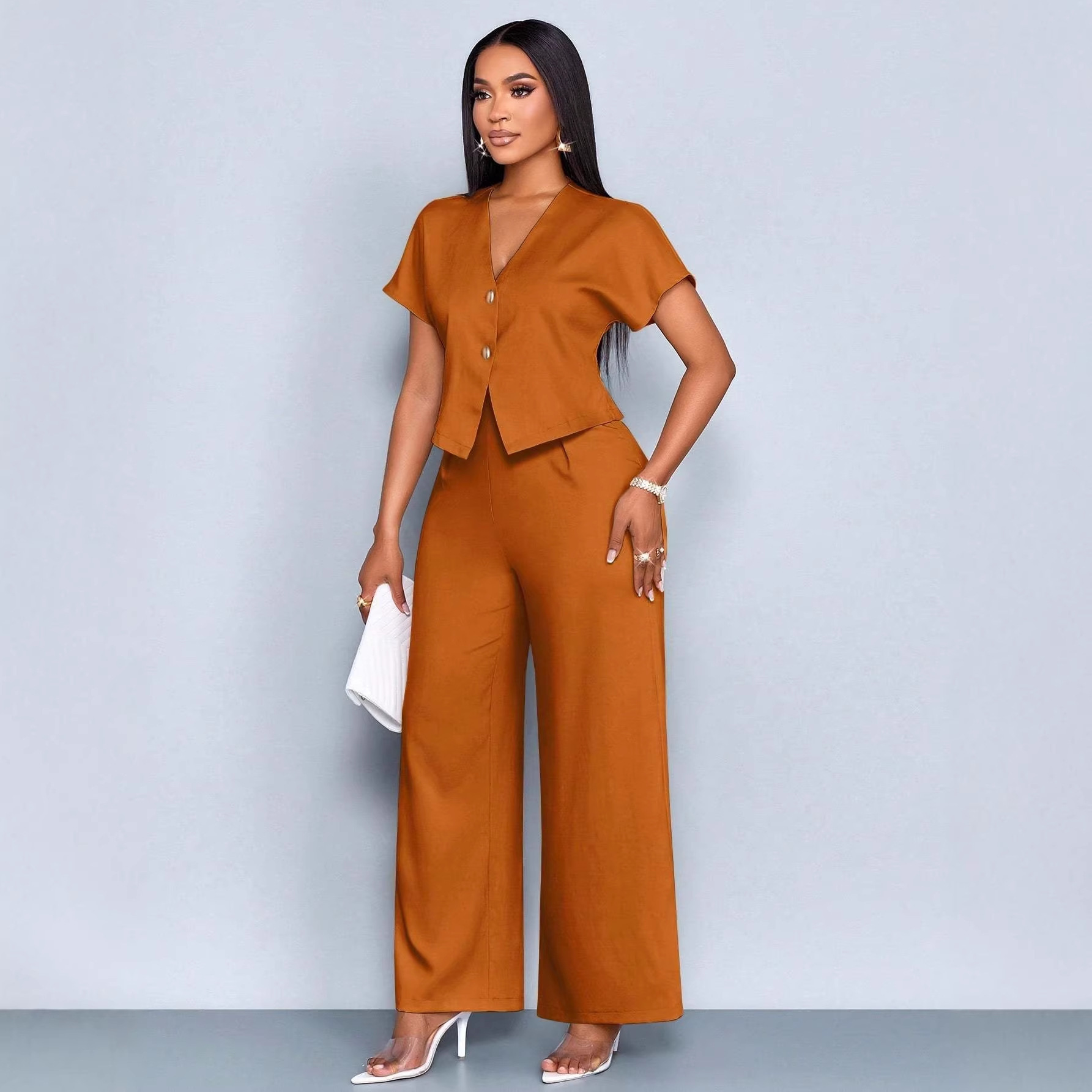 Women's V-Neck Asymmetric Cardigan & Wide-Leg Pants Plus Size Casual Two-Piece Set