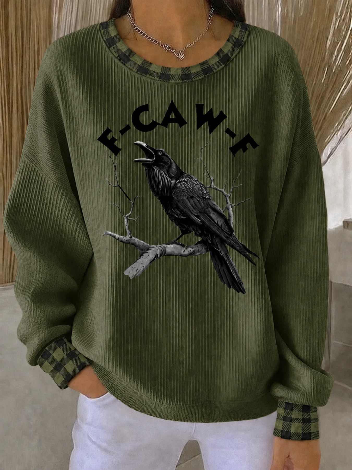 Crow Plaid Print Raw Edge Crewneck Long Sleeve Pullover Sweatshirt