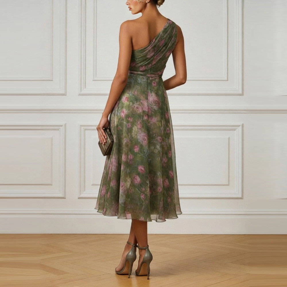 Irregular Floral Print Ruched Waist Sleeveless Dress