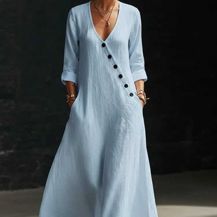 Asymmetric Button V-Neck Midi Dress with Rolled Cuffs and Side Pockets