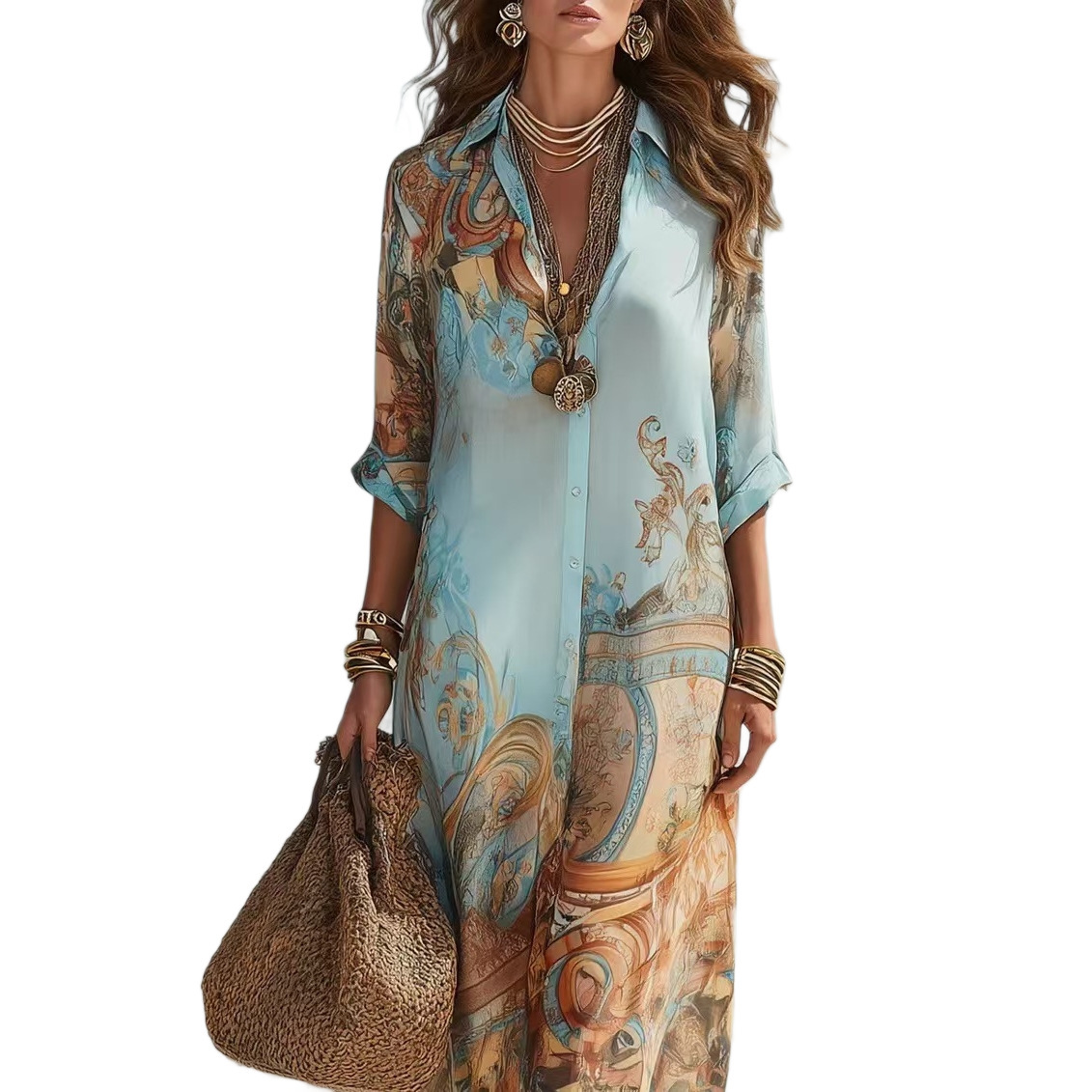 Floral Print Long Dress with Silk-Like Texture, Vacation Style, Elegant A-Line
