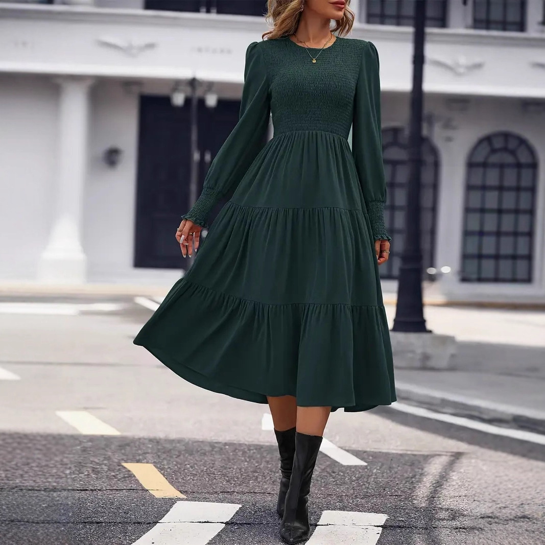 Elegant Ruffle Cuff Dress Solid Crew Neck A-Line Midi Dress