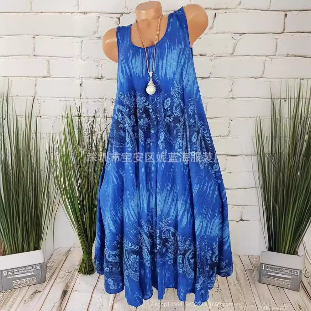 Women's Summer Round Neck Print Flared Midi Dress