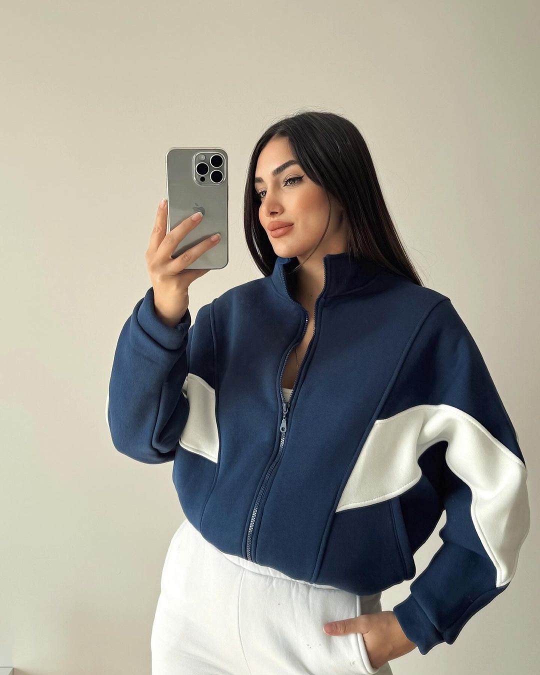 Women's Loose Colorblock Stand Collar Zip-Up Jacket