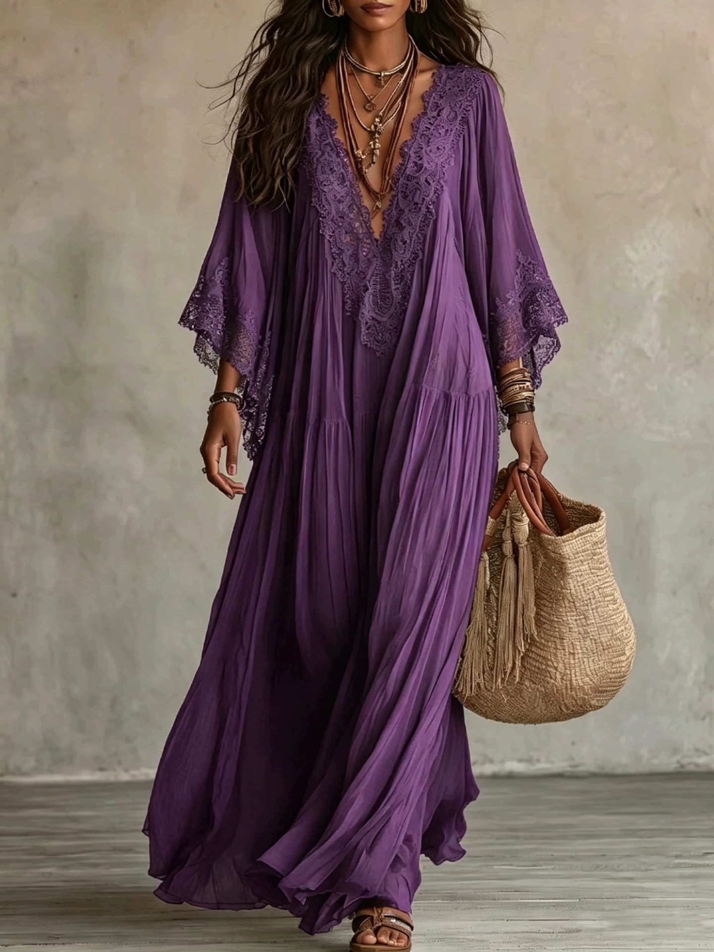 White Lace V-Neck Long Dress with Batwing Sleeves