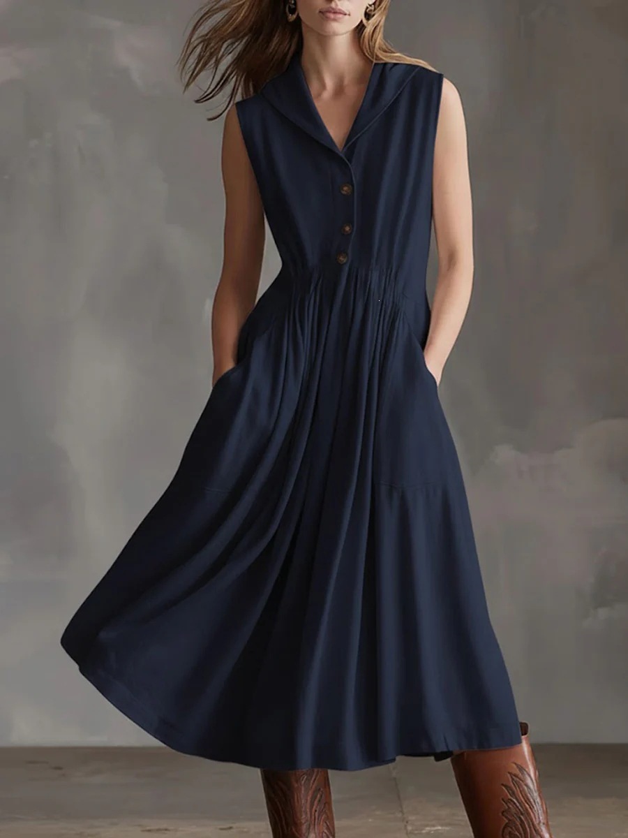 Women's Sleeveless A-Line Midi Dress with Oversized Collar
