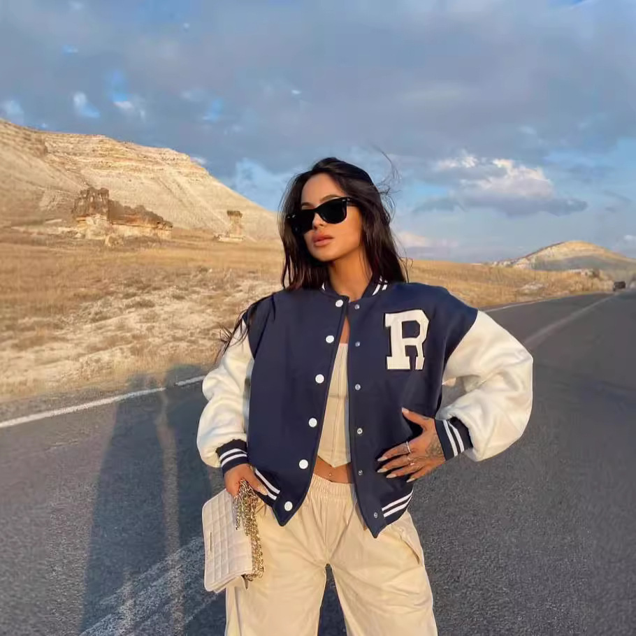 Women's Casual Printed Thick Baseball Jacket Long Sleeve