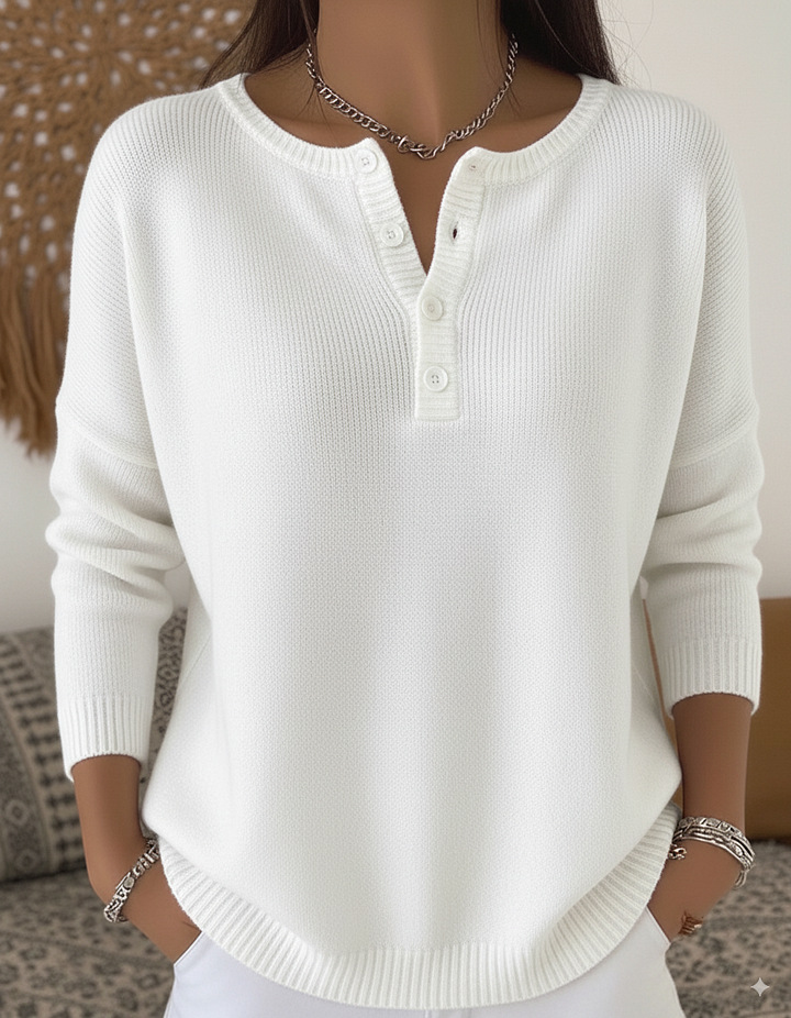 Women's V-Neck Button Knit Sweater Solid Color Casual Pullover