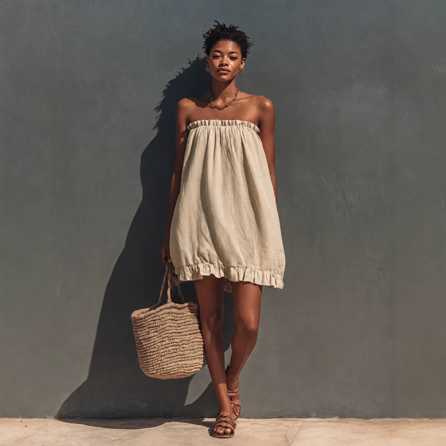 Women's Strapless Ruffle Hem Cotton Linen Midi Dress