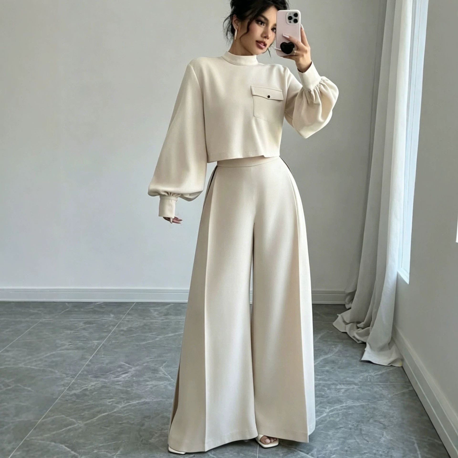 Women's Solid Wide-Leg Pants Set with Lantern-Sleeve Crop Top