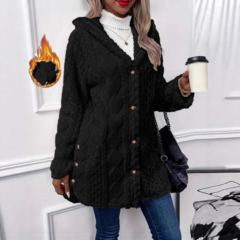 Women's Hooded Double-Sided Fleece Cardigan Long Sleeve Warm Casual Coat