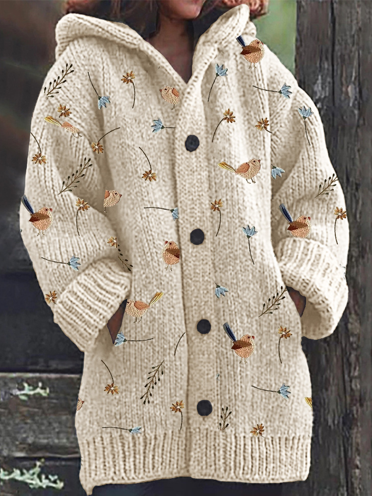 Women's Floral Ghost Print Hooded Button Cardigan Sweater