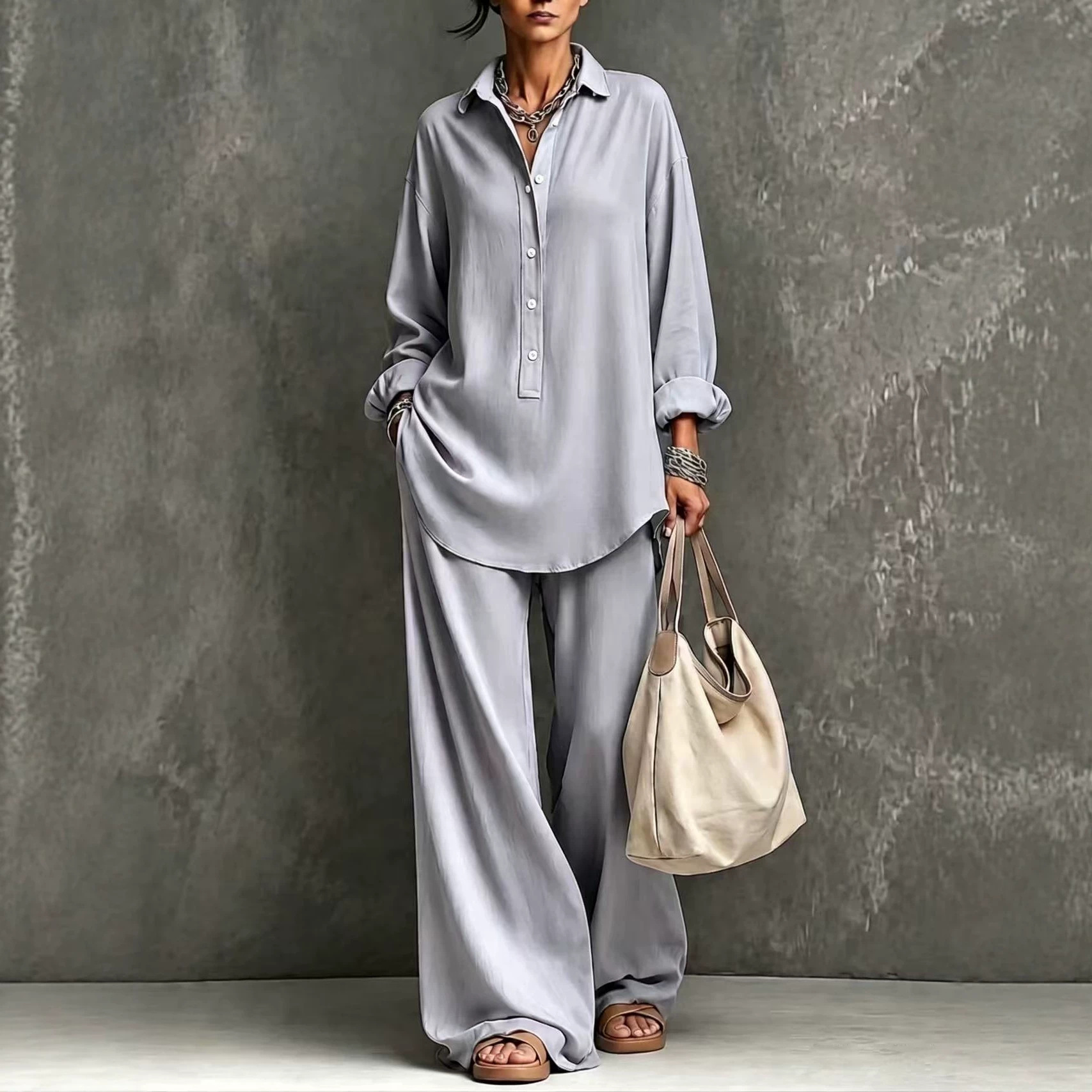 Women's Solid Color Collared Button Long Sleeve Shirt & Wide Leg Pants Set