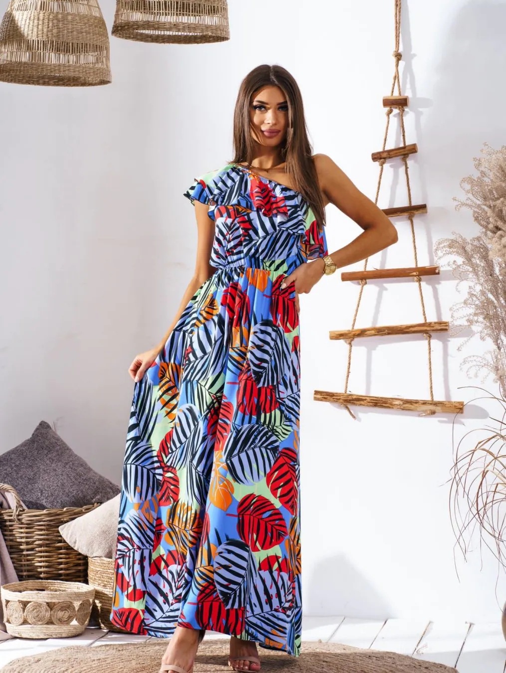 Women's Off-Shoulder Floral Print Long Dress with Waist