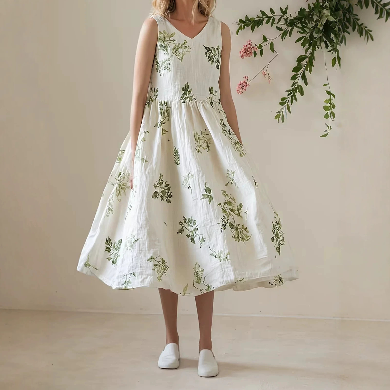 Plus Size Sleeveless Floral A-Line Midi Dress