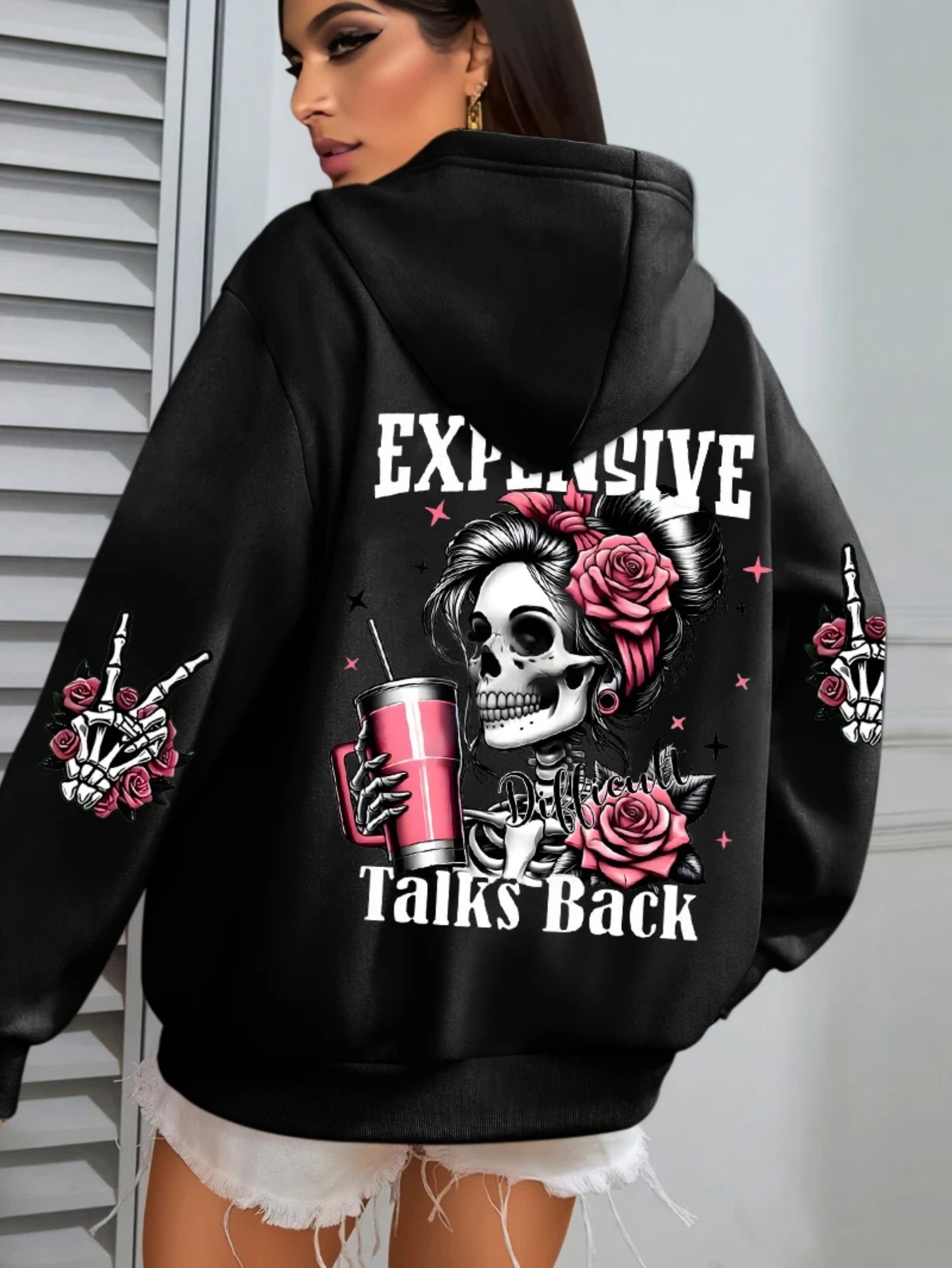 Women's Pink Skull Soda Print Hoodie