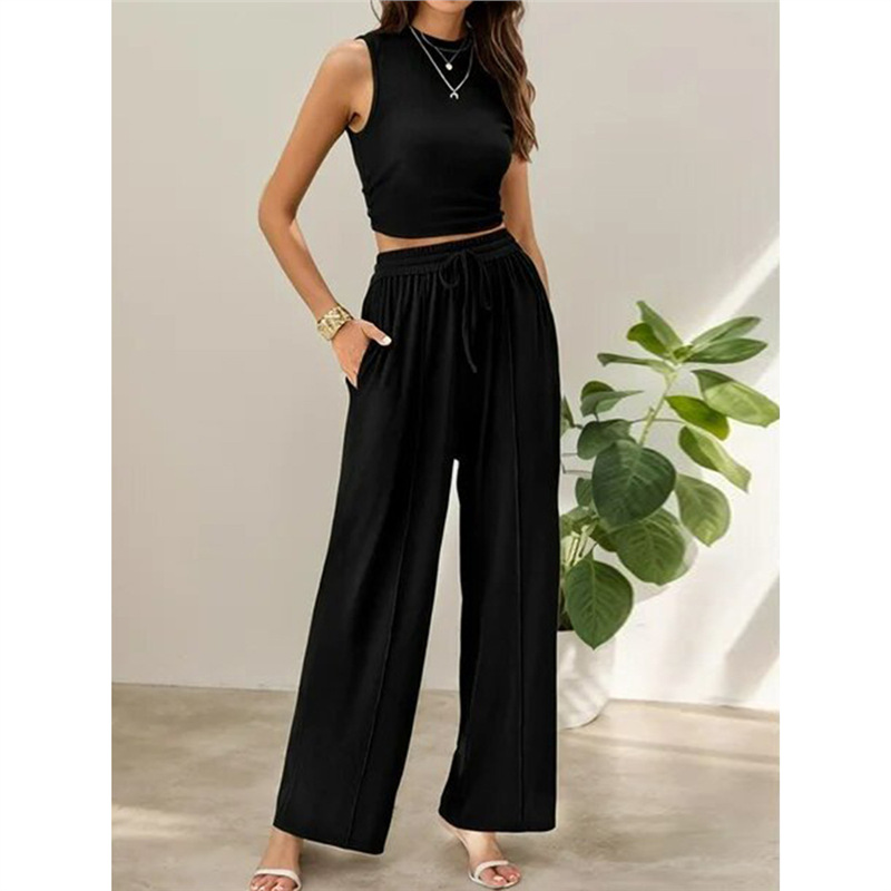 Sleeveless Knit Two-Piece Set with Fitted Top and Wide-Leg Pants