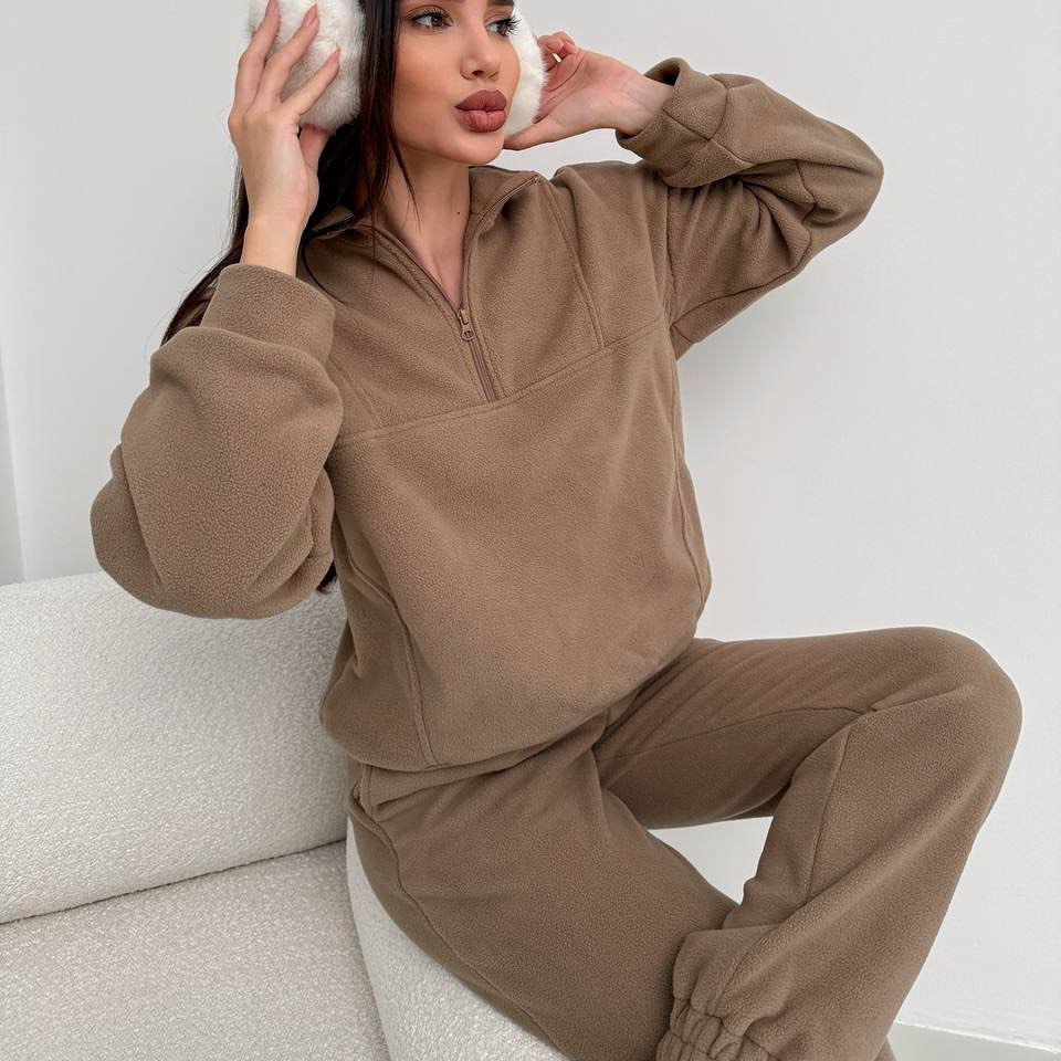 Women's Fleece Two-Piece Set Long Sleeve Zip Neck Pullover & Elastic Waist Pants