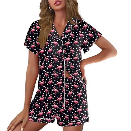 Women's Cuban Collar Polka Dot Leopard Print Short Sleeve Loungewear Set