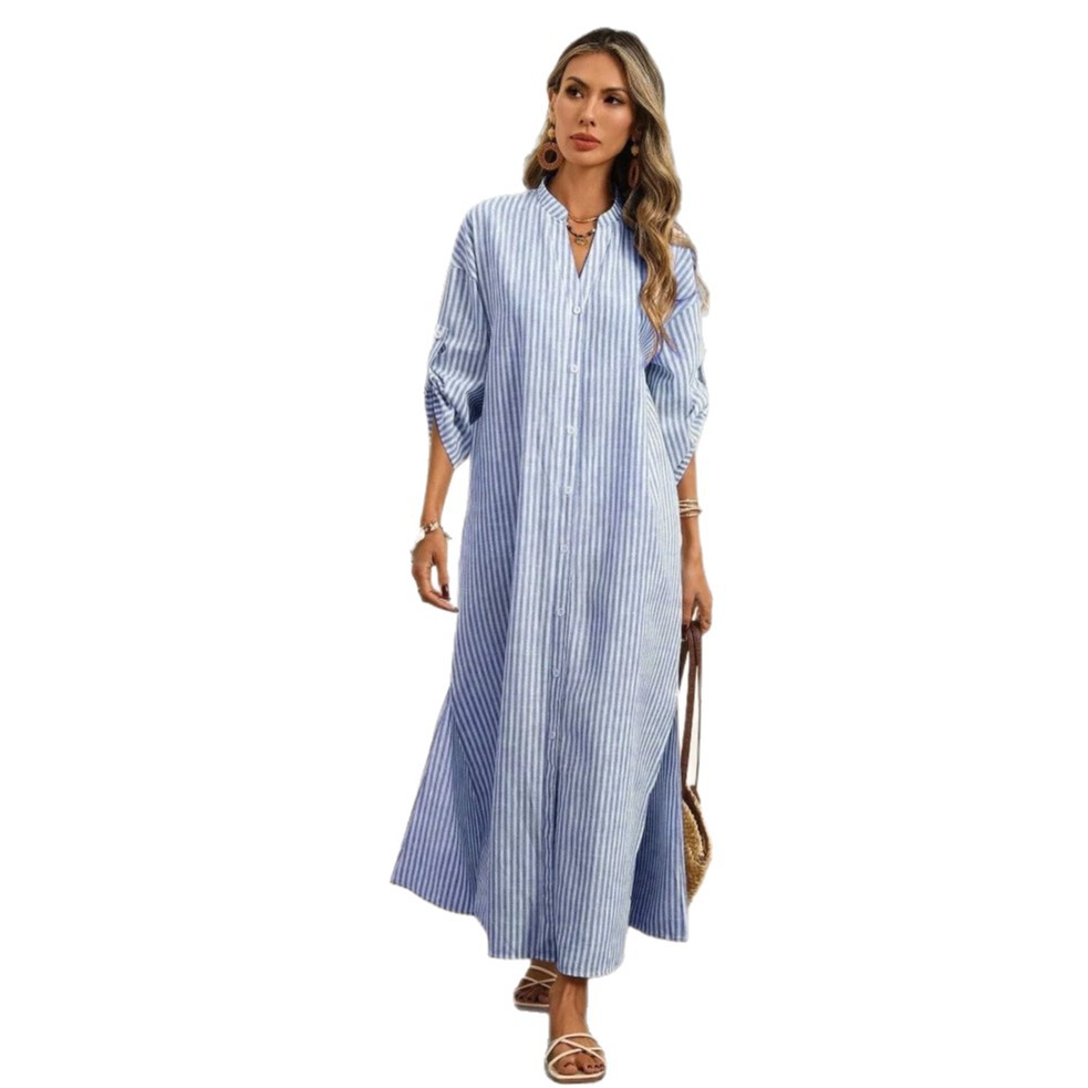 Striped Button-Front Midi Shirt Dress