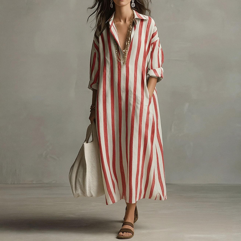 Striped V-Neck Long Dress Casual Commute Loose Fit