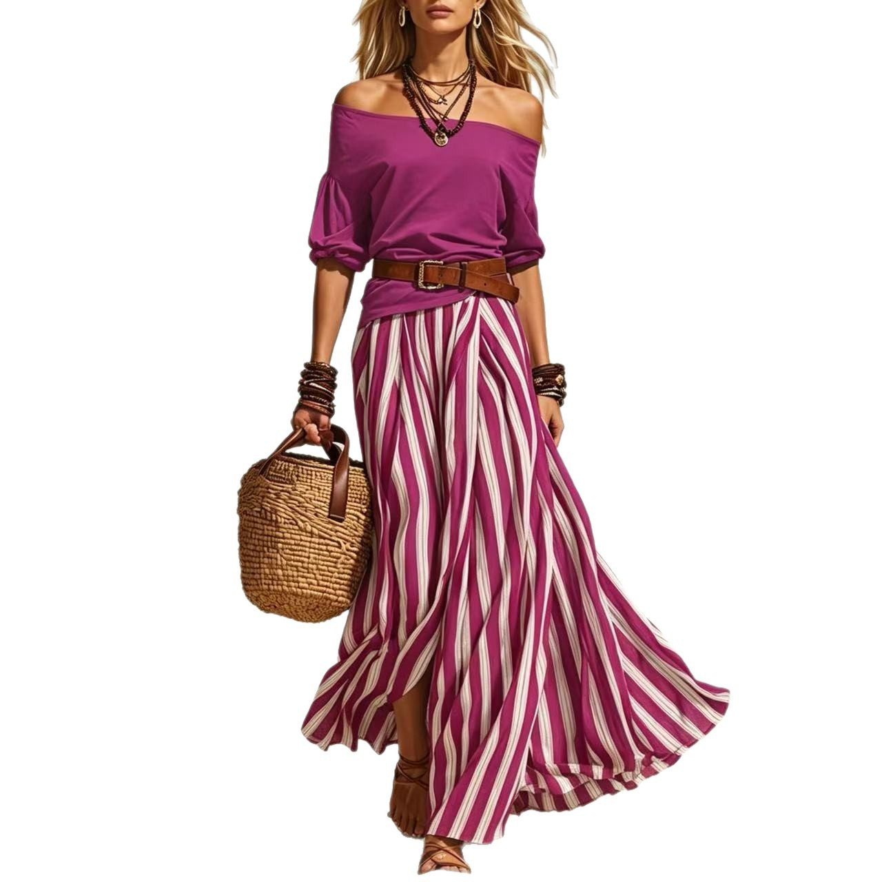 Off-Shoulder Top and Slit Skirt Women's Set