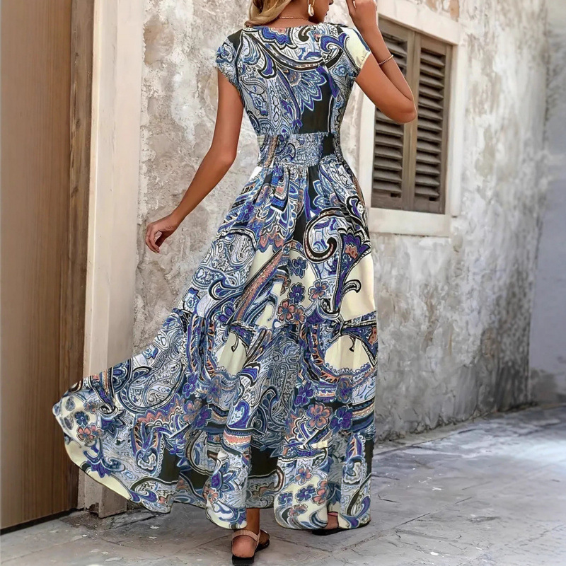 Paisley Print V-Neck Short Sleeve Maxi Dress