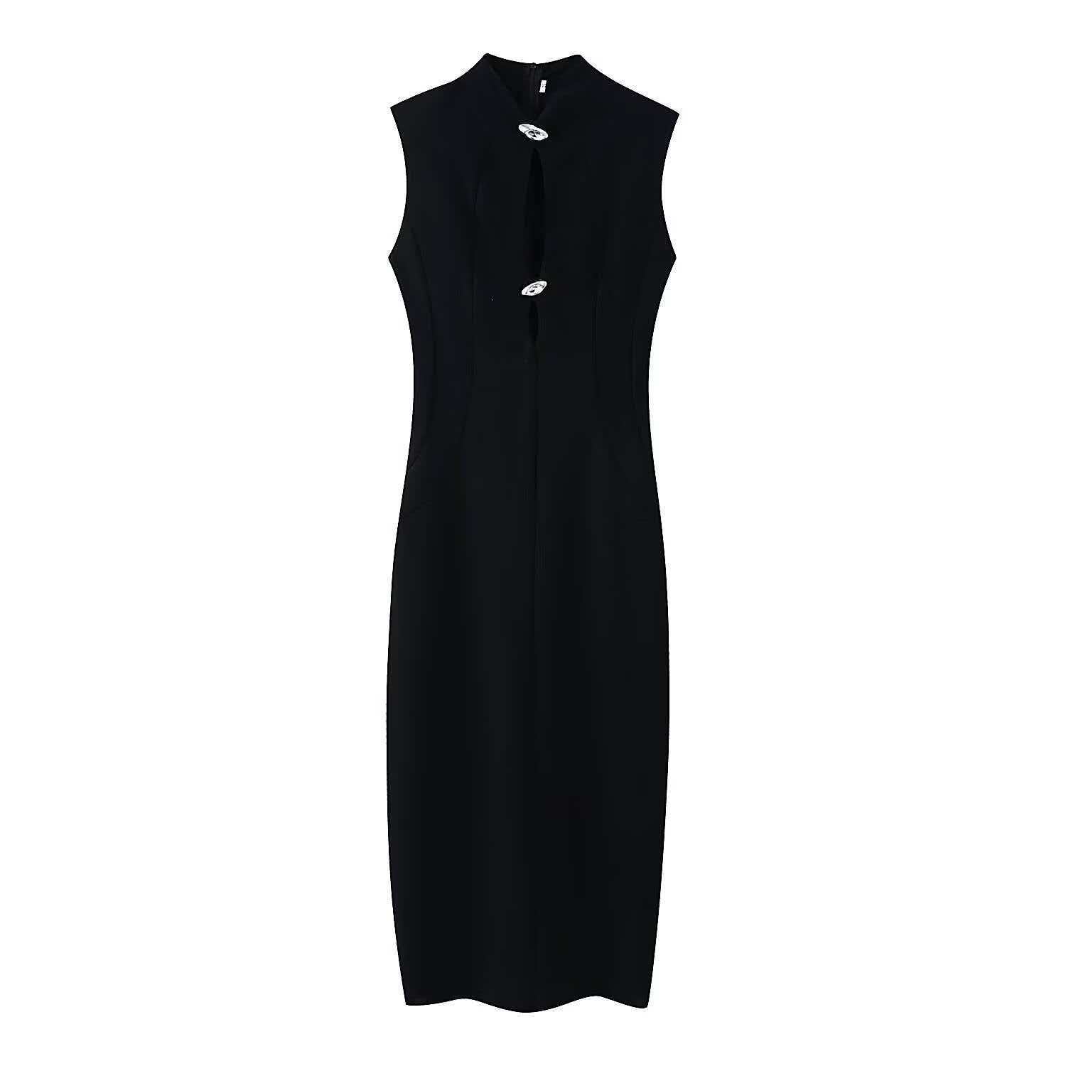 Slim-Fit Metal-Trim Stand-Collar Qipao Dress