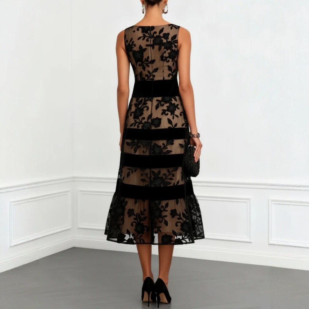 Black Mesh Flocked Jacquard Paneled Bodycon Dress