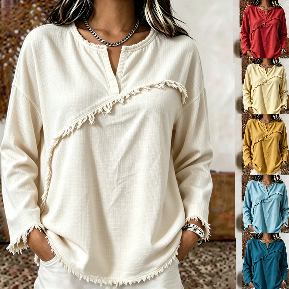 Women's Textured Fringe Tassel Retro Crewneck Long Sleeve Top Blouse