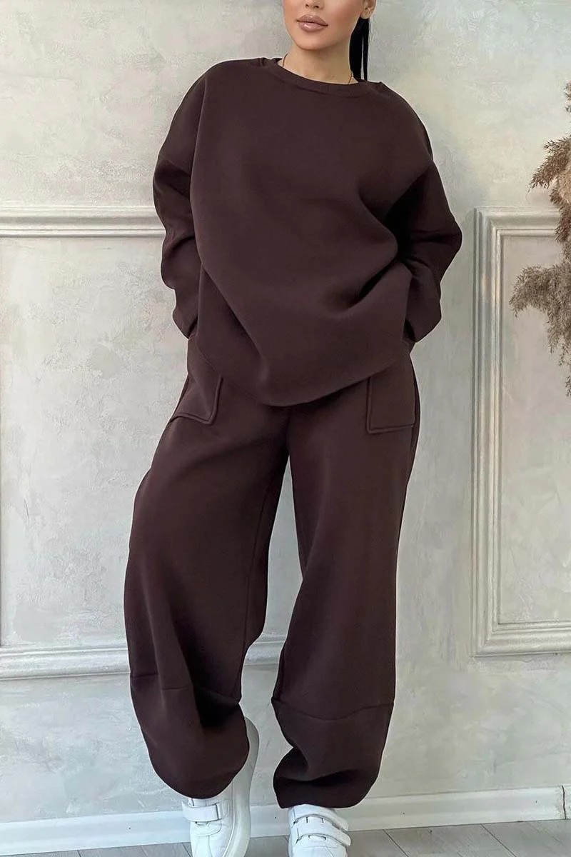 Women's Solid Color Crewneck Long Sleeve Pocket Sweatsuit Loose Fit