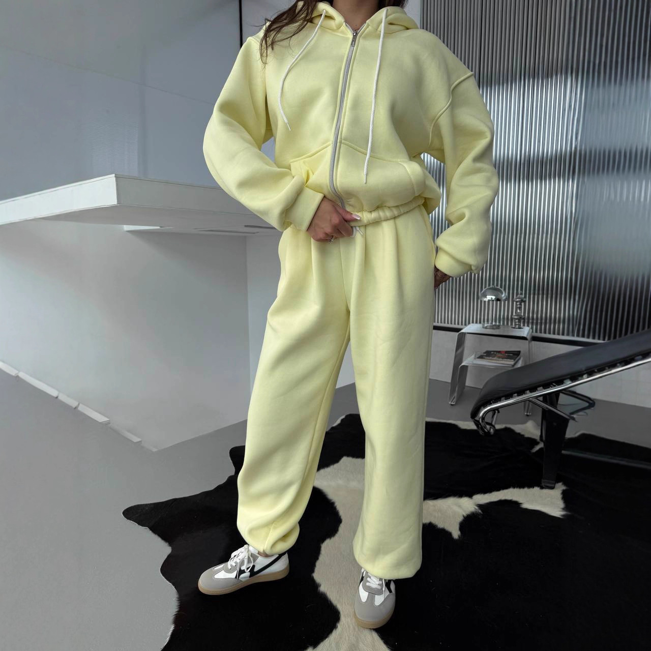 Women's Casual Loose Hooded Zip-Up Sweatshirt and Pants Set