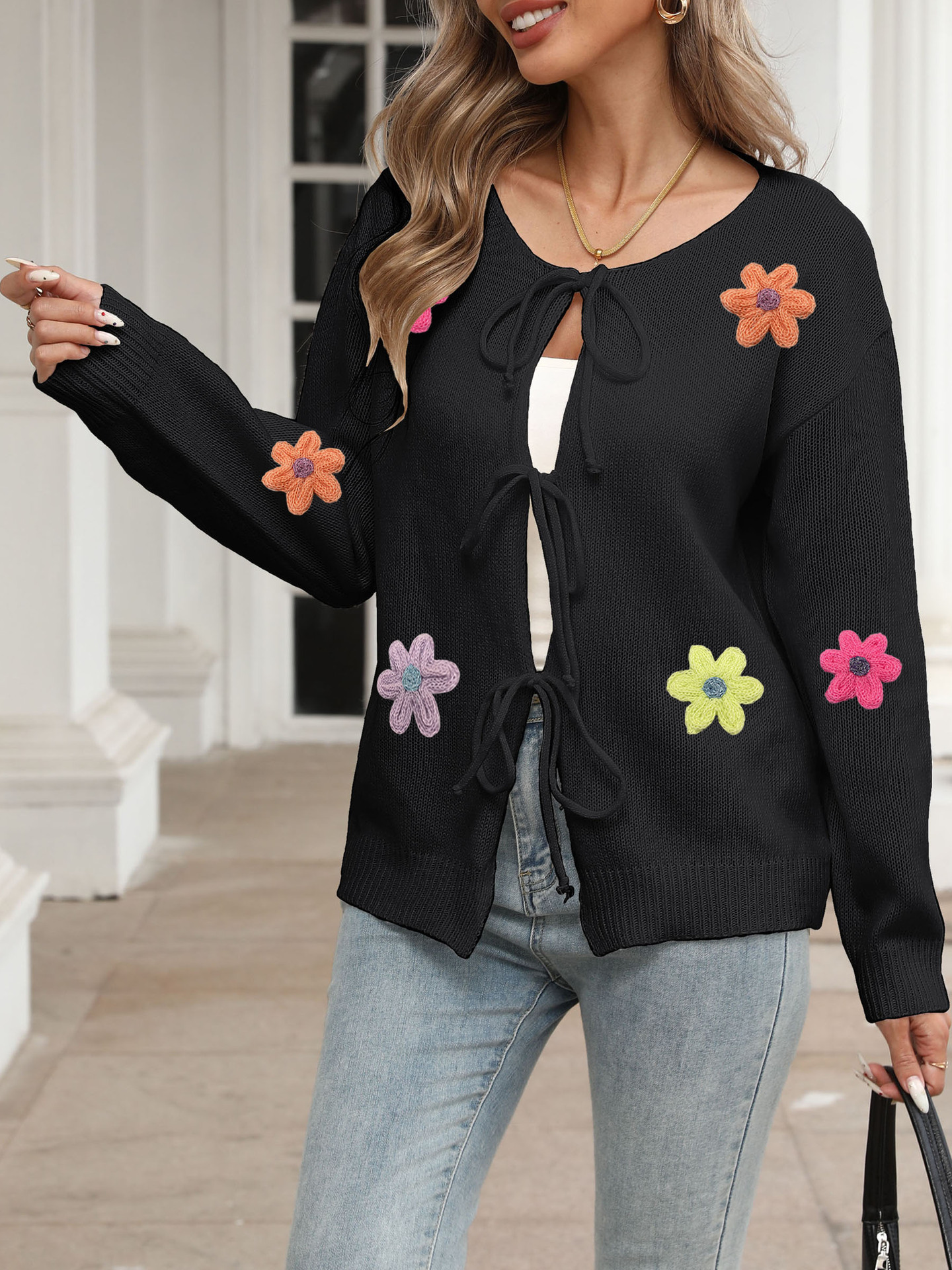 Women's Tie-Front Bow Wool Embroidered Floral Cardigan Sweater