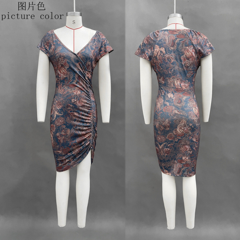 Floral Print V-Neck Waist-Cinching Midi Dress