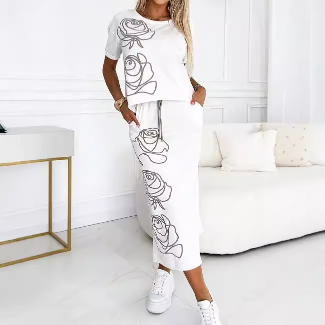 Women's Printed Two-Piece Skirt Set Casual Midi Dress