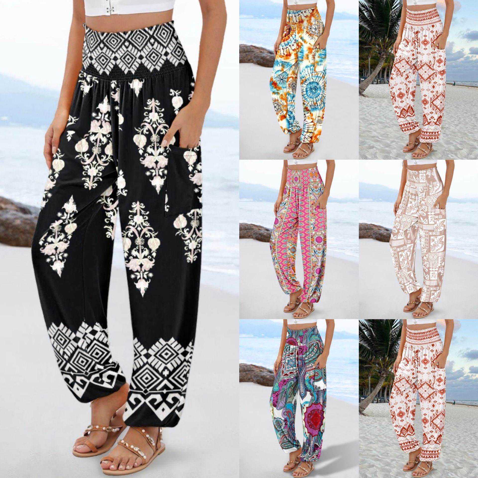 Women's High-Waist Printed Wide-Leg Pants