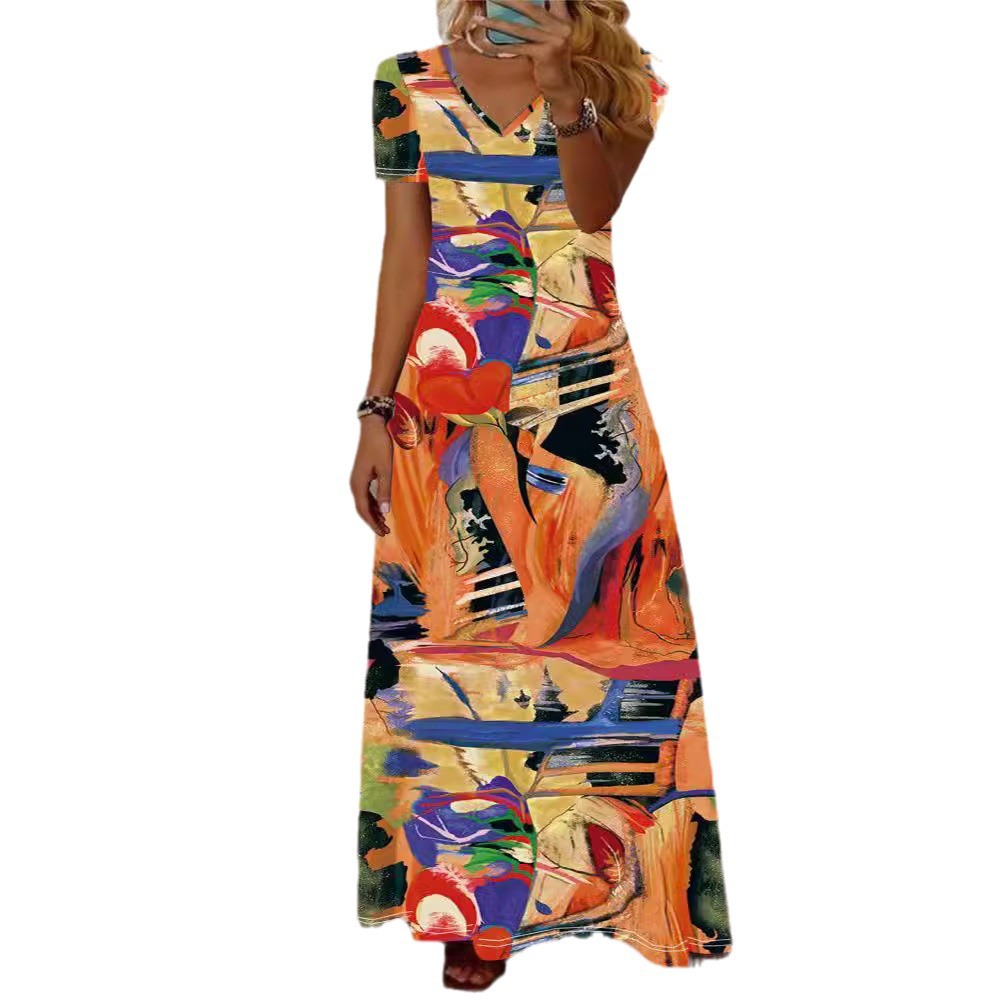 Leopard Zebra Print Patchwork V-Neck Short Sleeve Long Dress