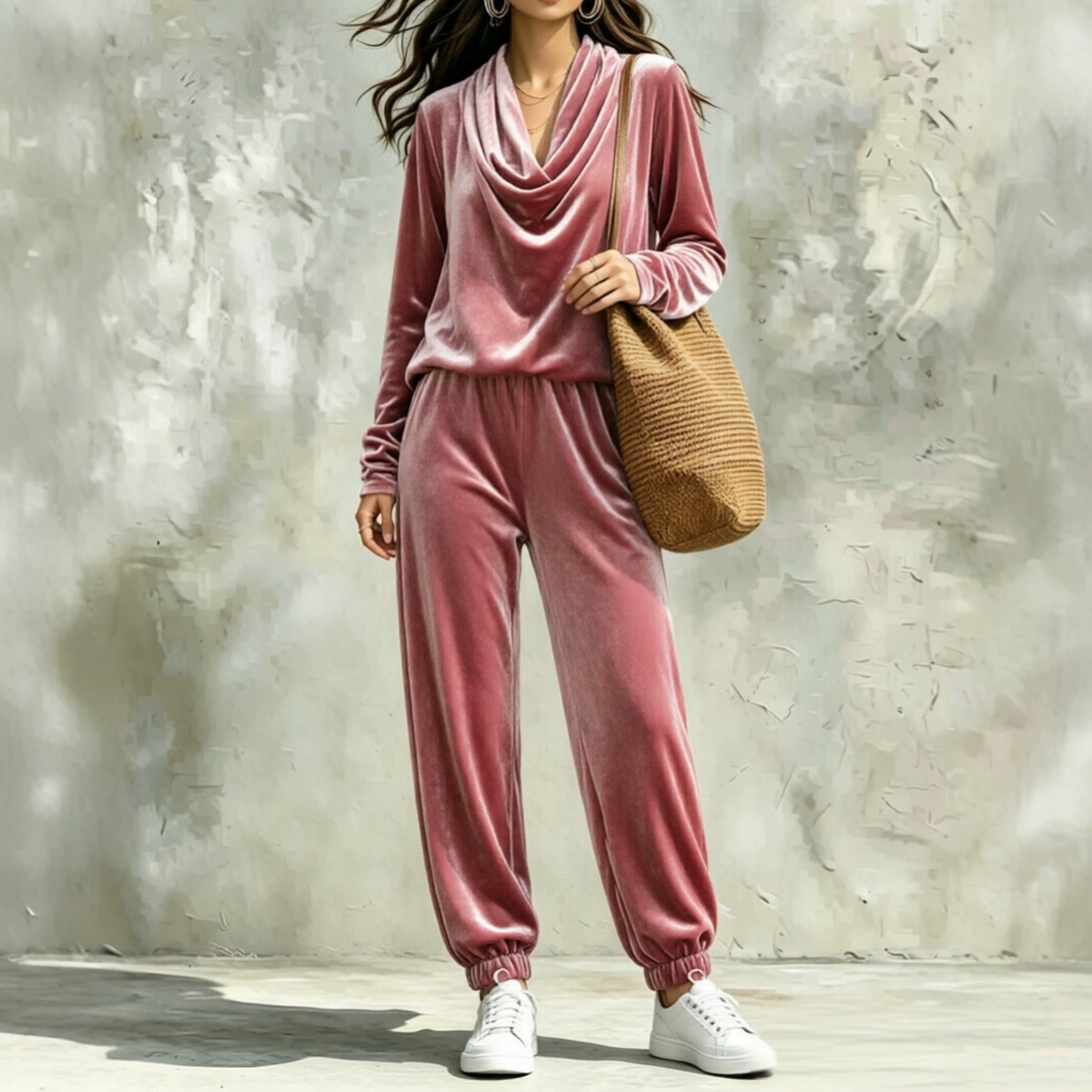 Women's Velvet Two-Piece Set with Cowl Neck Top and Jogger Pants