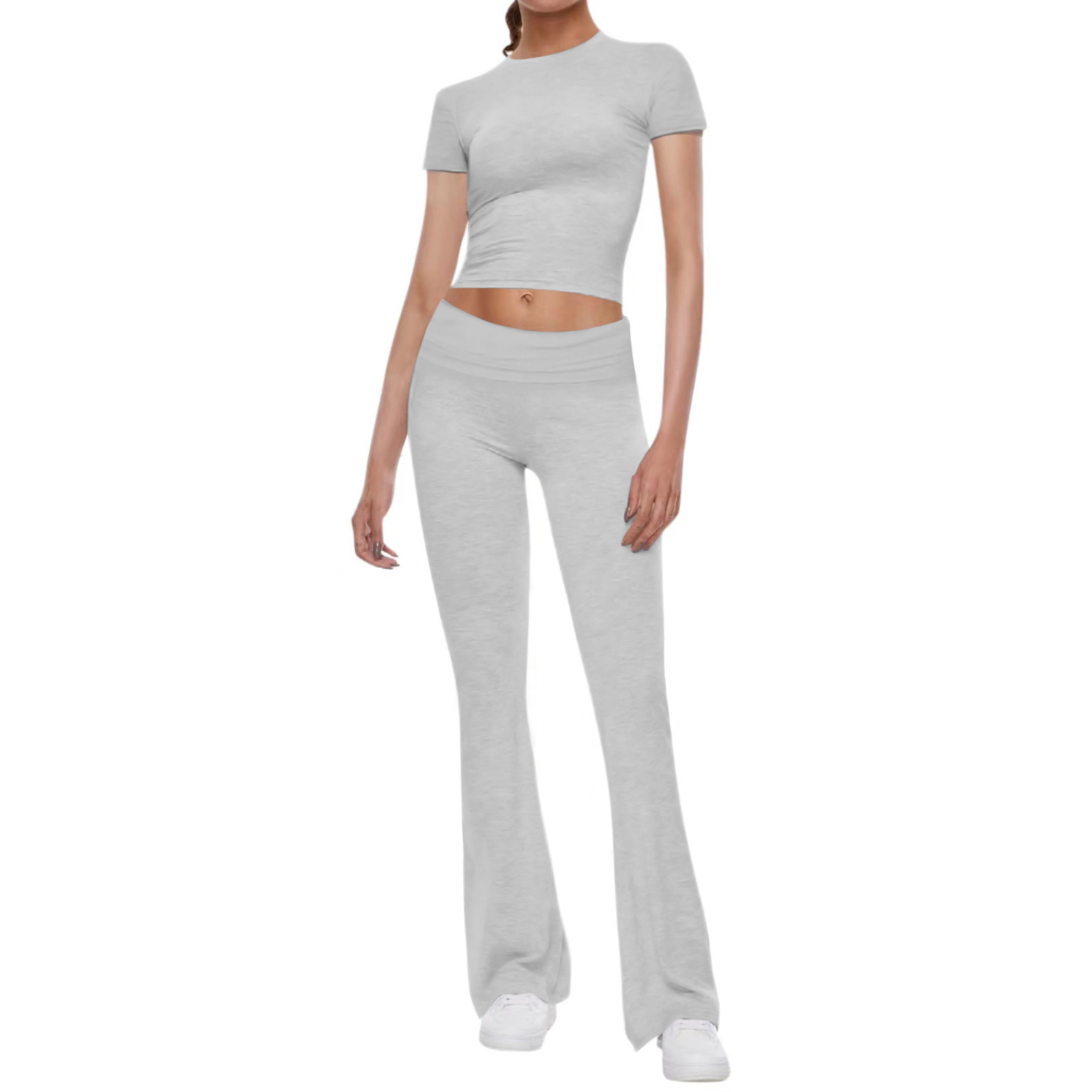 Solid Color Short Sleeve Crop Top and Pants Two-Piece Set